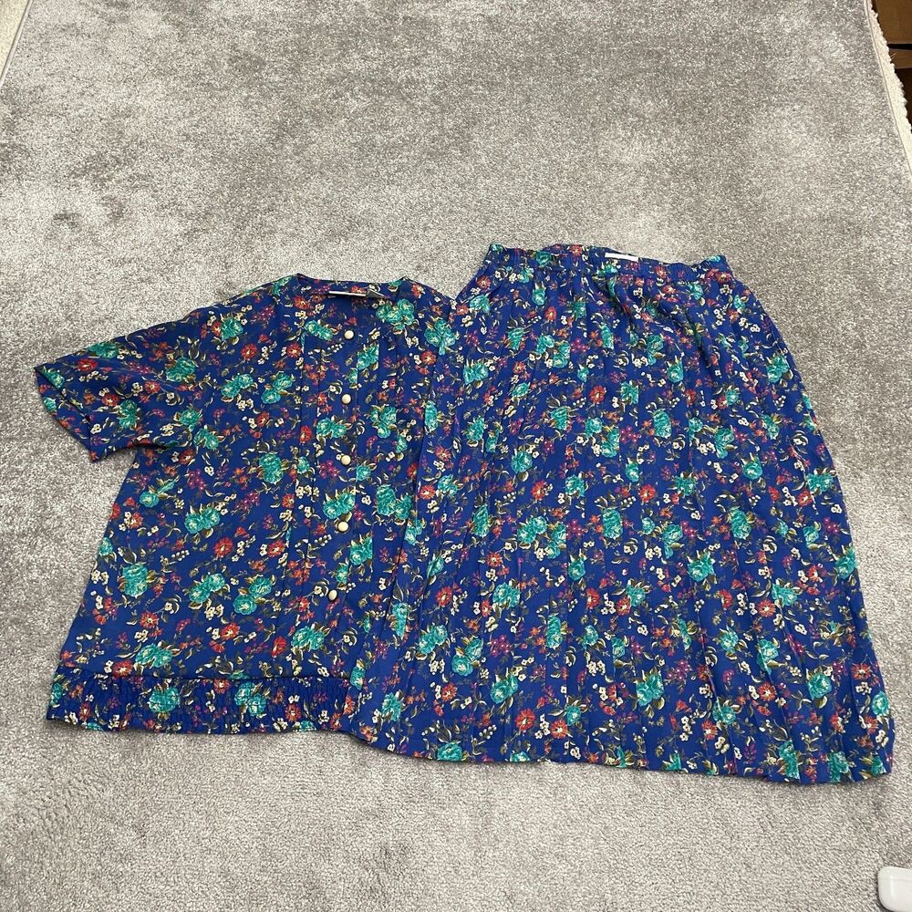 Alfred Dunner Set Of 2 Vintage Shirt Midi Pleated Skirt Women 14 Blue Floral